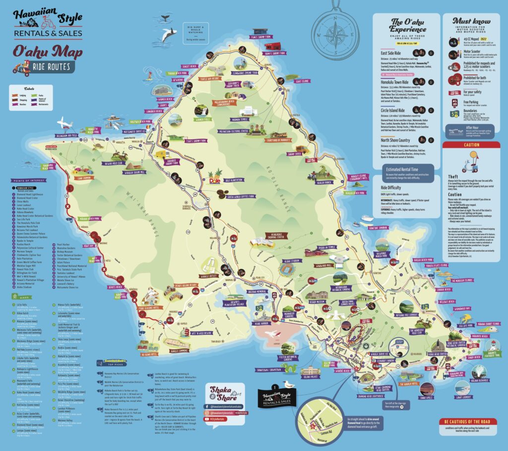 Oahu Moped Map-Hawaii Moped & Scooter Rental Tour Map